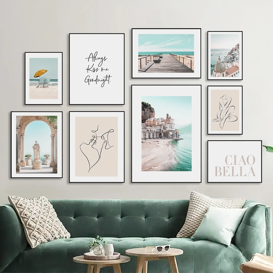 Зеленый побережье замок город абстрактные линии тела Wall Art Холст Картина Nordic