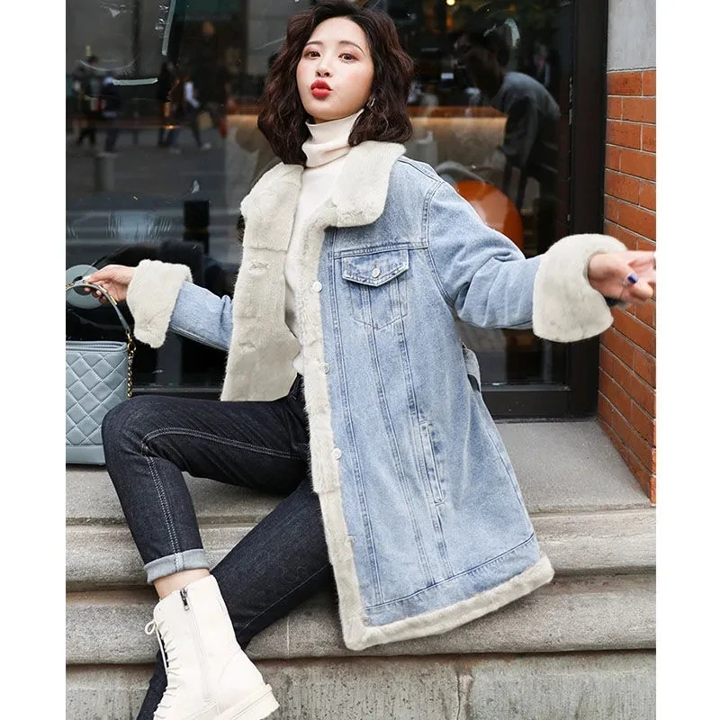 

New Winter Denim Medium long Jacket Women Parka Padded Thicken Fleece Denim Coat Women Slim Lace Up Casual Warm Overcoat Tops