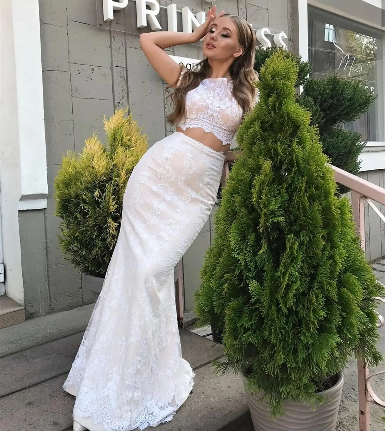 

Wedding Dress Boho Mermaid Two Pieces Sexy 2020 Bridal Gown Sleeveless Floor Length With Court Train Lace Appliques Elegant