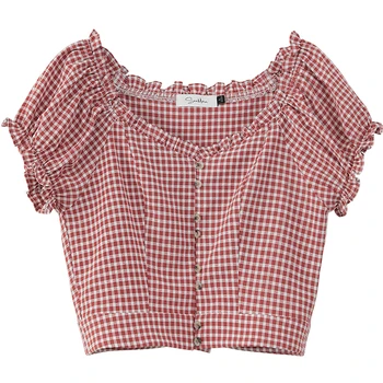 

Exposed navel High Waist Puff Sleeve Shirt French Retro Short Square Collar Short Sleeve Plaid Shirt Female Summer