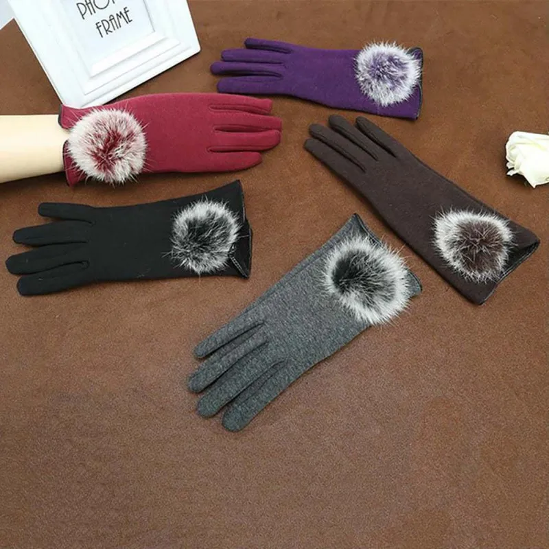 Модные женские зимние теплые осенние элегантные хлопковые перчатки с сенсорным экраном из искусственного меха для мобильного телефона планшета
