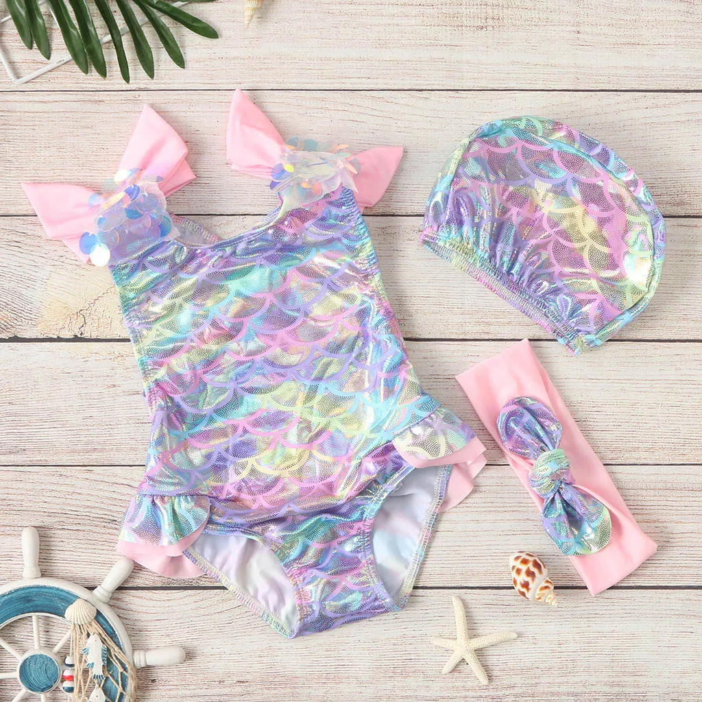 A Multicolor Детский купальный костюм для девочек с милыми рыбками, чешуей, блестками, рюшами, плавательный костюм без рукавов, боди, Мягкий купальный костюм - Цвет: A Multicolor