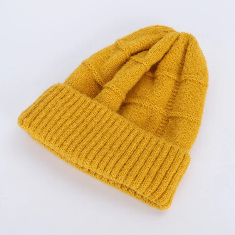Yellow Женская шапка, мешковатые шапки бини, зимние дамские шапочки, Женские однотонные вязаные повседневные теплые шапки Skullies, женские шапки на осень и зиму - Цвет: Yellow