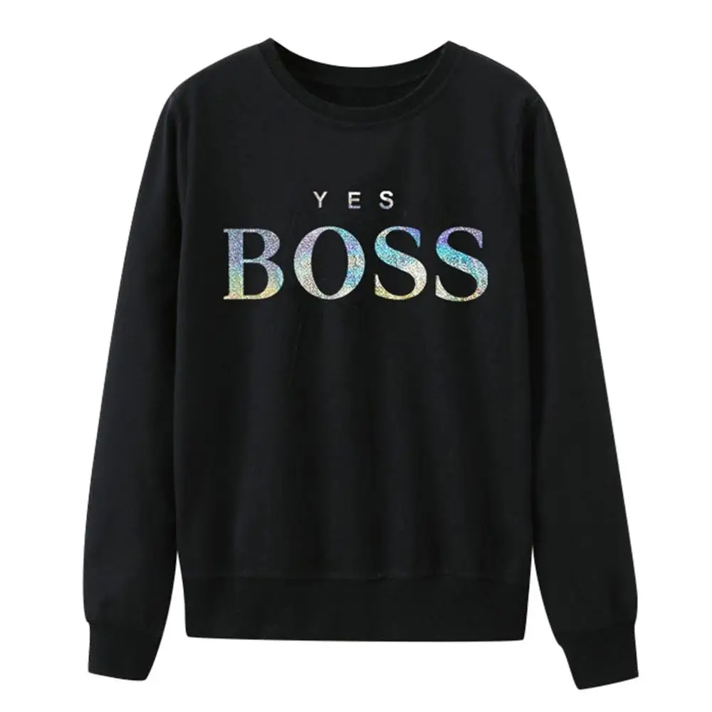 Women Sweatshirt Women Fall Yes Boss Letter Printed Hoodie Sweatshirt Ladies Long Sleeve Pullover Jumper Sudadera Mujer - Цвет: Black