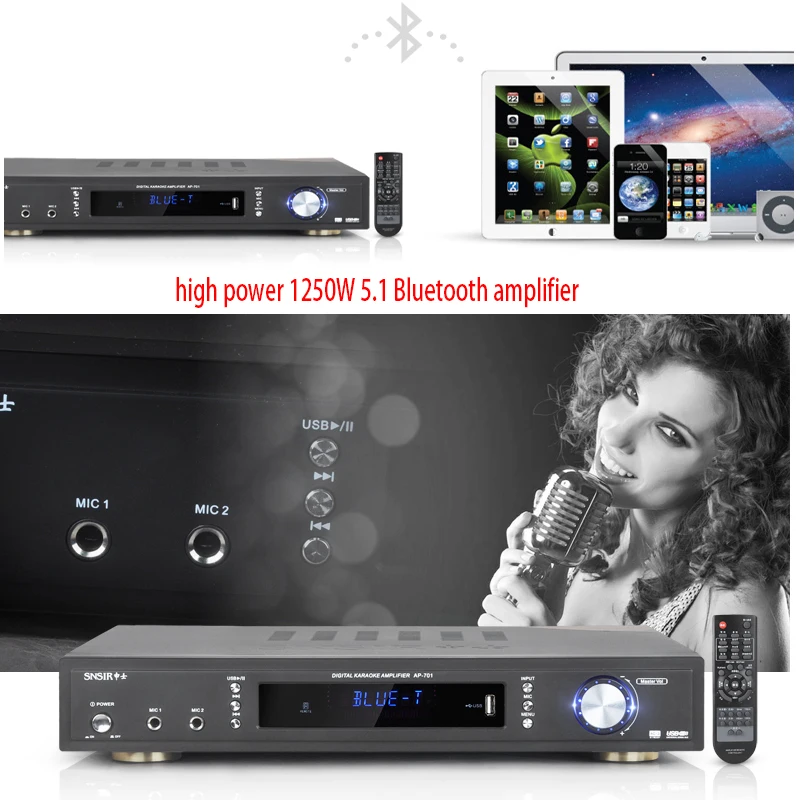 

KYYSLB AP-701 220V 1250W High Power 5.1 Bluetooth Amplifier Home HIFI Digital Audio Subwoofer Amplifier 4~16 Ohm with USB SD
