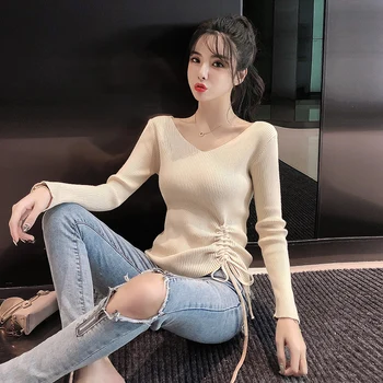 

1906 # Sense of Design V-neck Drawstring 2019 New Style Matcha Green Sweater Women's Non-mainstream Scheming Waist Hugging Tops