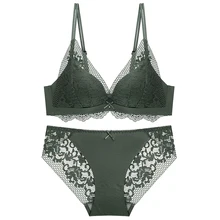 Wire Free зеленый бежевый кружевной бюстгальтер с сеточкой костюм для женщин, женские плотные Бюстгальтеры комплект нижнего белья, A B 3/4 чашка пуш-ап бюстгальтер