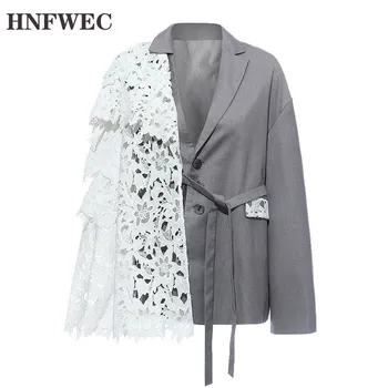 

Women Gray Lace Bandage Split Joint Blazer New Lapel Long Sleeve Loose Fit Jacket Fashion Tide Spring Autumn 2020 V530