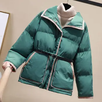 

Women's Down Cotton Winter Jacket With Belt Stand Collar Parkas Mujer Warm Coat Woman Casual Cotton Outerwear Winter Coat C5835
