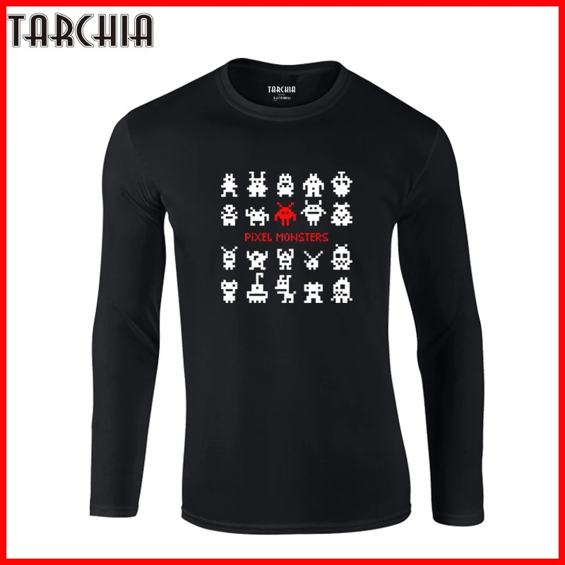 TARCHIA 2022 Cotton Tops Men Tee Long Sleeve Fun Pixel Space Monsters Autumn Print Shirt Homme Oversize Brand Mens T-Shirt New | Мужская