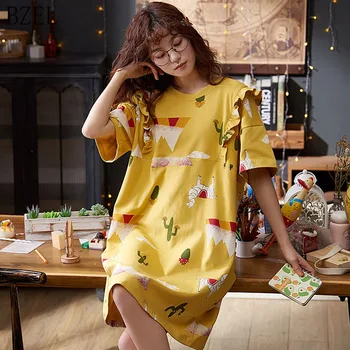 

Women Cute Cartoon Short Sleeve Nightdress 2020 Summer Cotton O-neck Sleepwear Female Casual Plus Size Ladies Home Clothes
