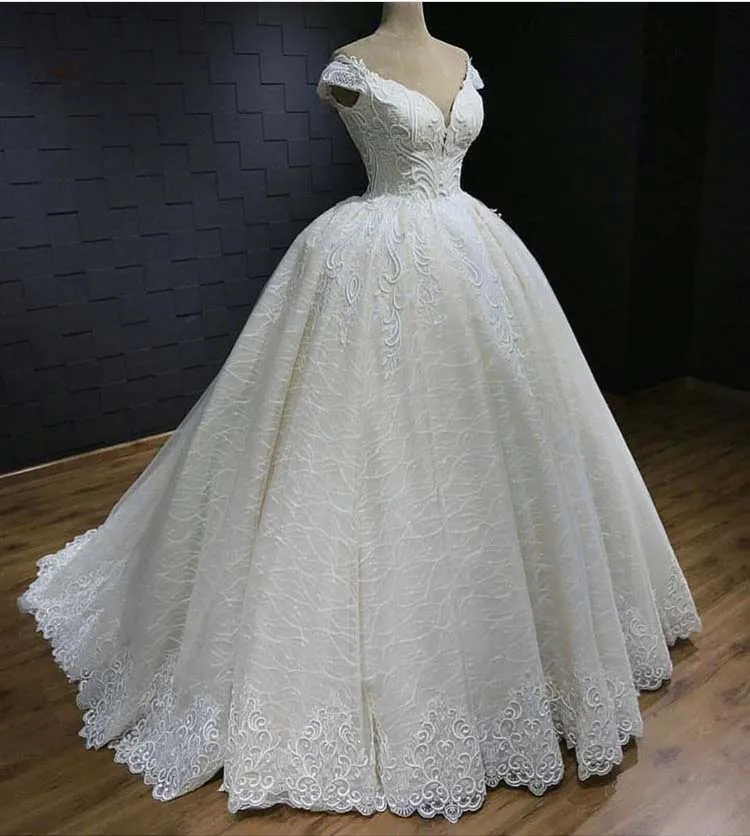 

Best Selling Off the Shoulder Sweetheart Appliqued Lace Short Sleeve Puffy Princess Wedding Dresses 2020