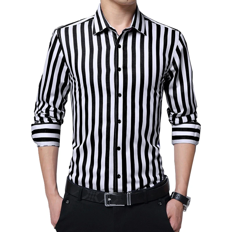 BROWON Brand New Men Striped Casual Shirts Long Sleeve Mens Cotton Shirts Turn Down Collar Chemise Homme Plus Size 5XL