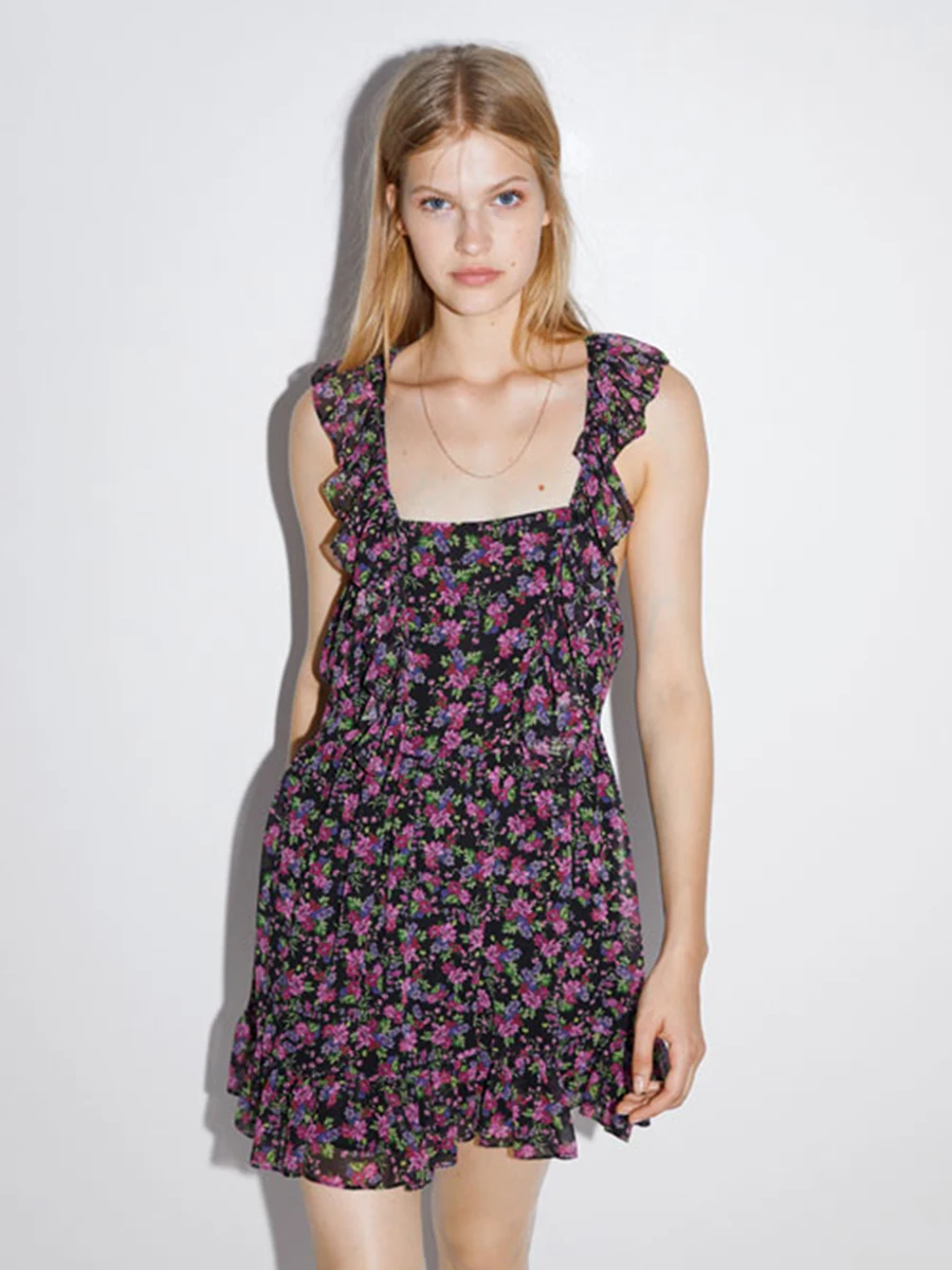 

Jastie 2019 Summer Ruffle Strap Dress Vintage Floral Print Dress Shirring Back Sexy Mini Dress Boho Short Women Dresses Vestidos