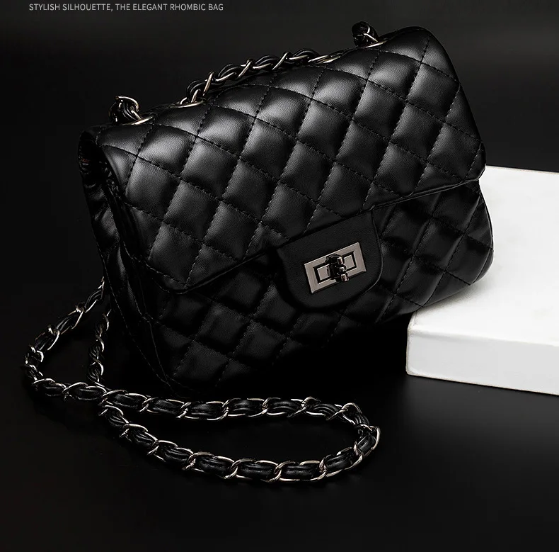 Luxury Handbags Women Bags Designer 2019 New Gold Chain Flap Purse for Ladies Soft Leather Quilted Plaid Lock Shoulder Bag Black (4)