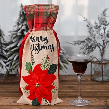 

Christmas Decorations for home Xmas Dinner Party Decor Merry Christmas Gift Bag New Red Flower Linen Christmas Wine Bottle Cover