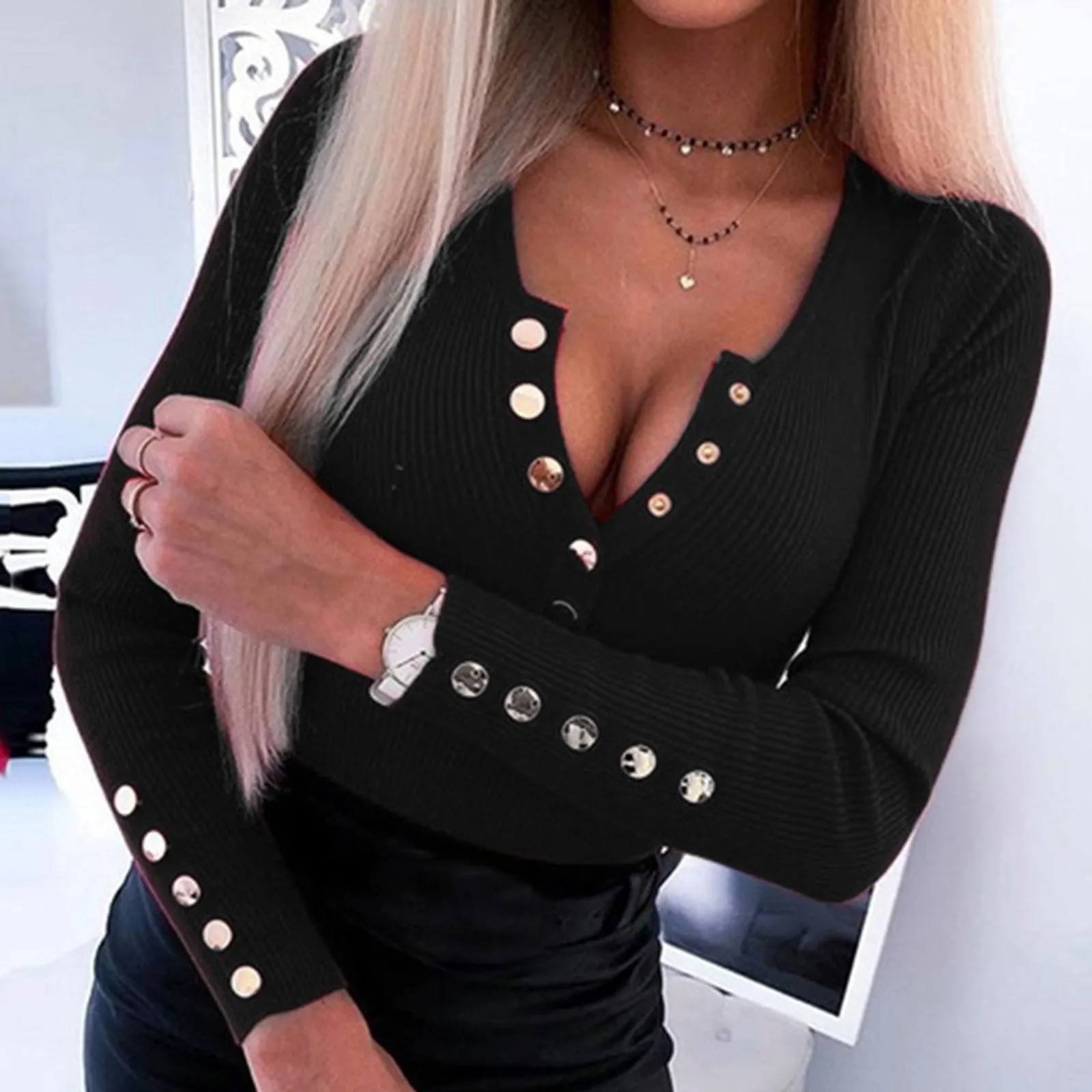 Blusa femenina lisa de manga larga para verano, camisa Sexy ajustada con botones para mujer, cuello de pico, talla 40