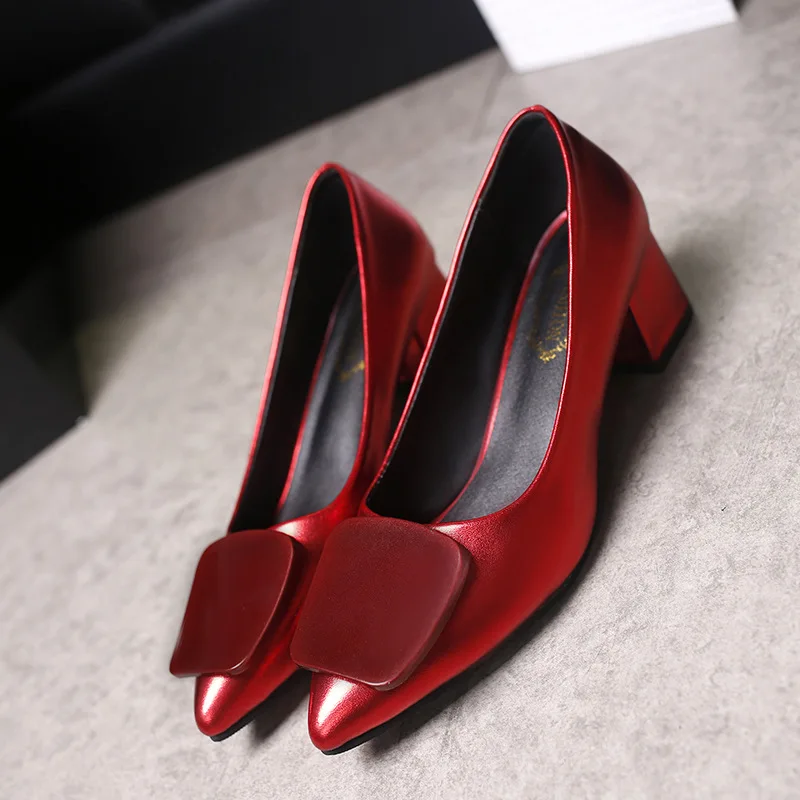 

2018 Spring And Summer New Style Women's Square Buckle Shoes Chunky Heel Pointed WOMEN'S Shoes Solid Color Foot Covering Korean-
