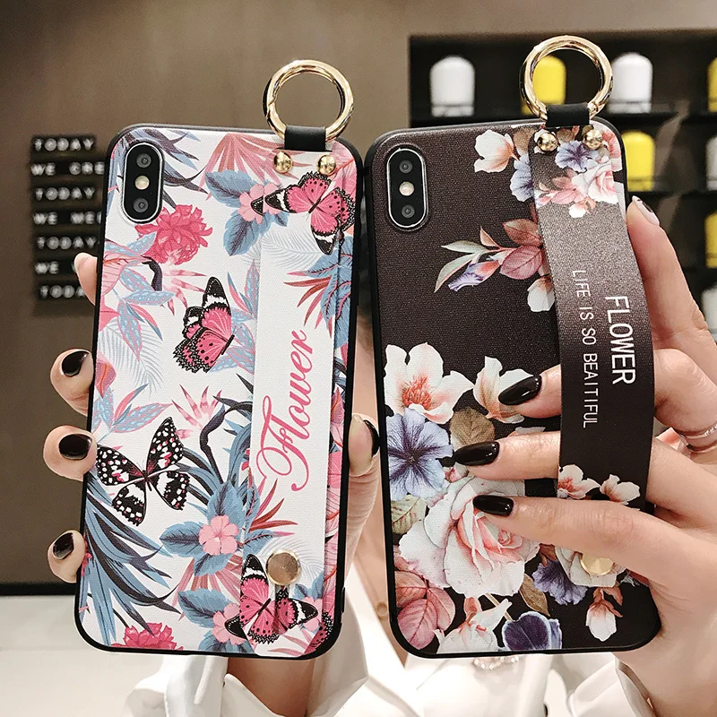 For Samsung Galaxy S8 S9 S10 plus S10e Note 9 8 Flower Floral Soft TPU Wrist Strap Phone Case Phone Holder Back Cover S10+ (8)