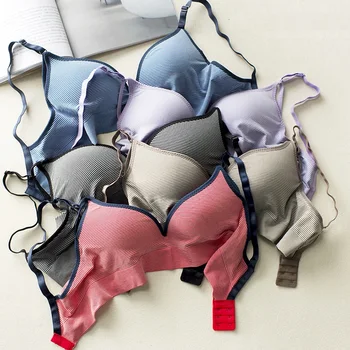 

DeRuiLaDy Cotton Lining Soft Bra Striped Push Up Bra Wire Free Seamless Women Bras Rear Double Row Buckle Cozy Sexy Lingerie