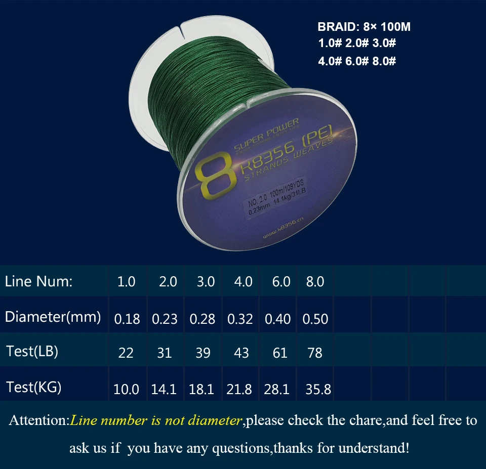 K8356 100M109Yards 8 Stands PE Line Braided Fishing Line 100% PE Multifilament Fishing Line Super Strong High Quality 22-78LB (8)