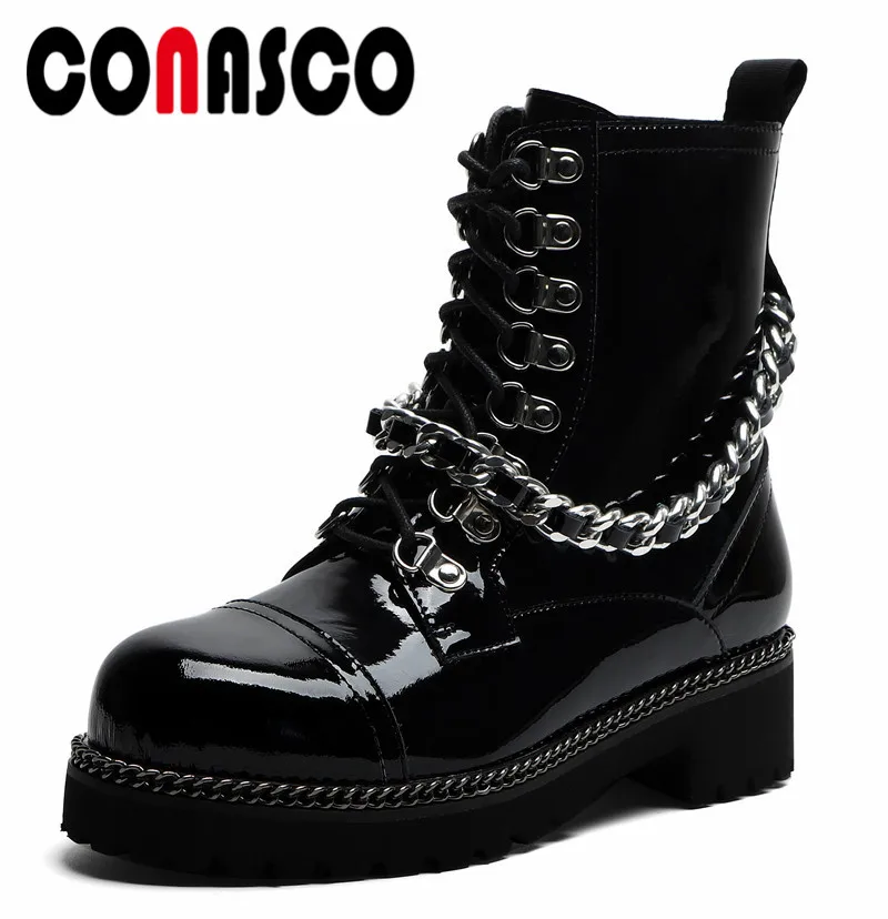

CONASCO Punk Tide Women Autumn Winter Warm Party Shoes Euro Style Genuine Leather Motorcycle Boots Zip Ankle Shoes Shoes Woman