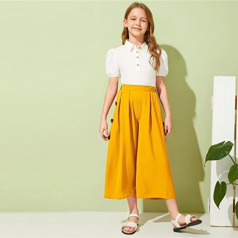 SHEIN Kiddie Girls Solid Button Side Pleated Palazzo Casual Pant Kids Bottom Summer High Waist Teenagers Loose Pants