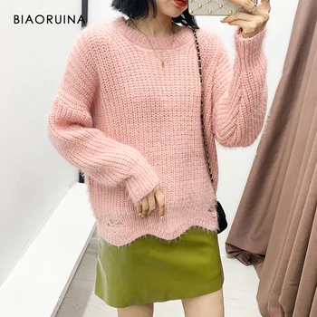 

BIAORUINA Women's Mohair Solid Color Hollow Out Round Neck Sweet Sweater Girls Loose Korean Style Fashion Knitted Pullover