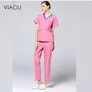

Viaoli 2017 new surgical clothing short sleeve wash clothes men and women doctor clothes nurse operating room purple pink gown