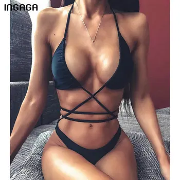 

INGAGA Leopard Print Bikinis Sexy Bandage Swimsuit Female High Cut Swimwear Women Halter Bathing Suit Women 2020 Push Up Biquini