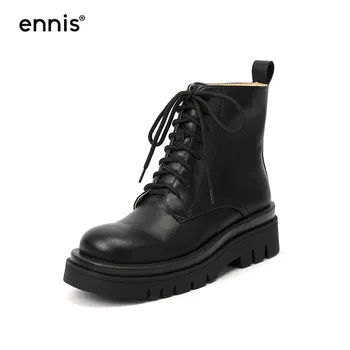 

ENNIS Autumn Winter Martin Boots Women Genuine Leather White Platform Ankle Boots Thick Sole Lace Up Boots Black Shoes New A0211