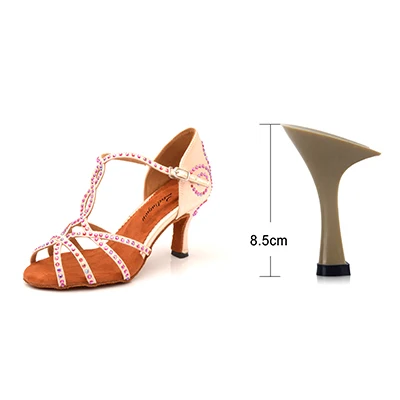 Ladingwu/Лидер продаж; туфли для латинских танцев; женские серебристо-серые атласные туфли для танцев; обувь для танцев со стразами; Обувь для бальных танцев - Цвет: Skin color 8.5cm