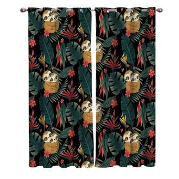 

Valentine'S Day Themed Designs Of Sloths Tropical Plants Blackout Window Curtains Living Room Curtain Kitchen Blackout Curtains