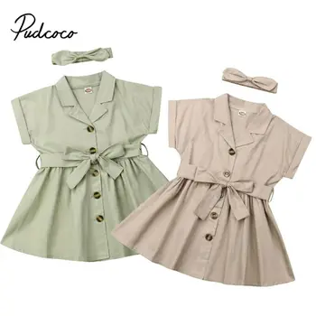 

pudcoco Toddler Kid Baby Girl Clothes Sets Solid Short Sleeve Dress+Headband Summer Outfits Set 2-7Y Beige Green