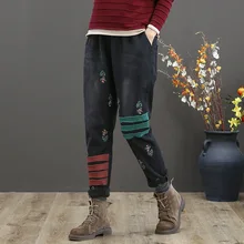 Женские свободные джинсовые штаны с эластичной резинкой на талии в стиле пэчворк, Женские винтажные отбеленные флисовые зимние джинсовые брюки с принтом, женские джинсы