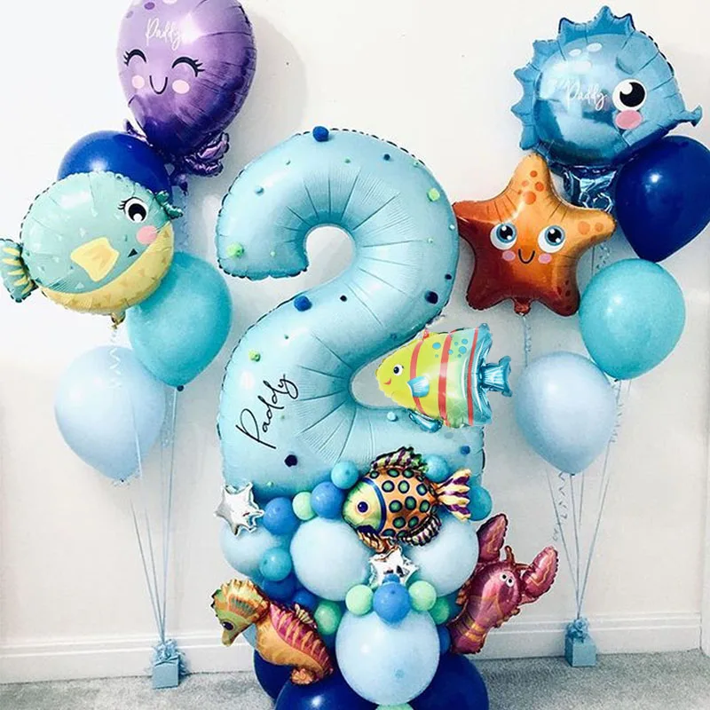 44pcs Under Sea Ocean World Animal Balloons Blue number balloon Sea Party Theme Kids happy Birthday Party Decoration Baby Shower