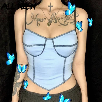 

ALLNeon E-girl Vintage Spaghetti Strap Stitch Summer Cami Tops Y2K Fashion Backless Sexy Party Tops Solid Blue Crop Top Clubwear