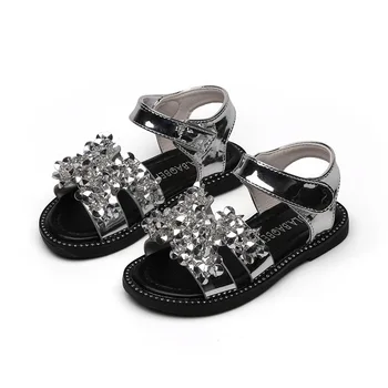 

2020 New Fashion Patent Leather Rhinestone Bowtie Summer Childrens Toddler Small Big Kids Soft Bottom Sandals Girls Beach Shoes
