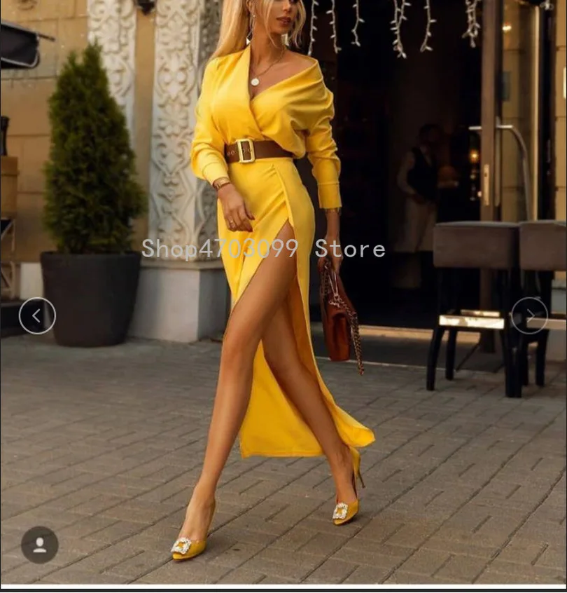 

Women Long Sleeve Plunge V-neck Side Slit Party Dress Solid Elegant Spring Fall Ankle-Length Night Out Club