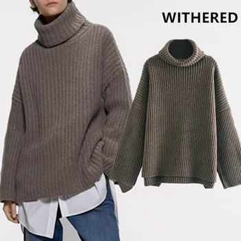 

Withered winter sweaters women pull femme england simple vintage oversize turtleneck loose forking sweaters women pullovers tops