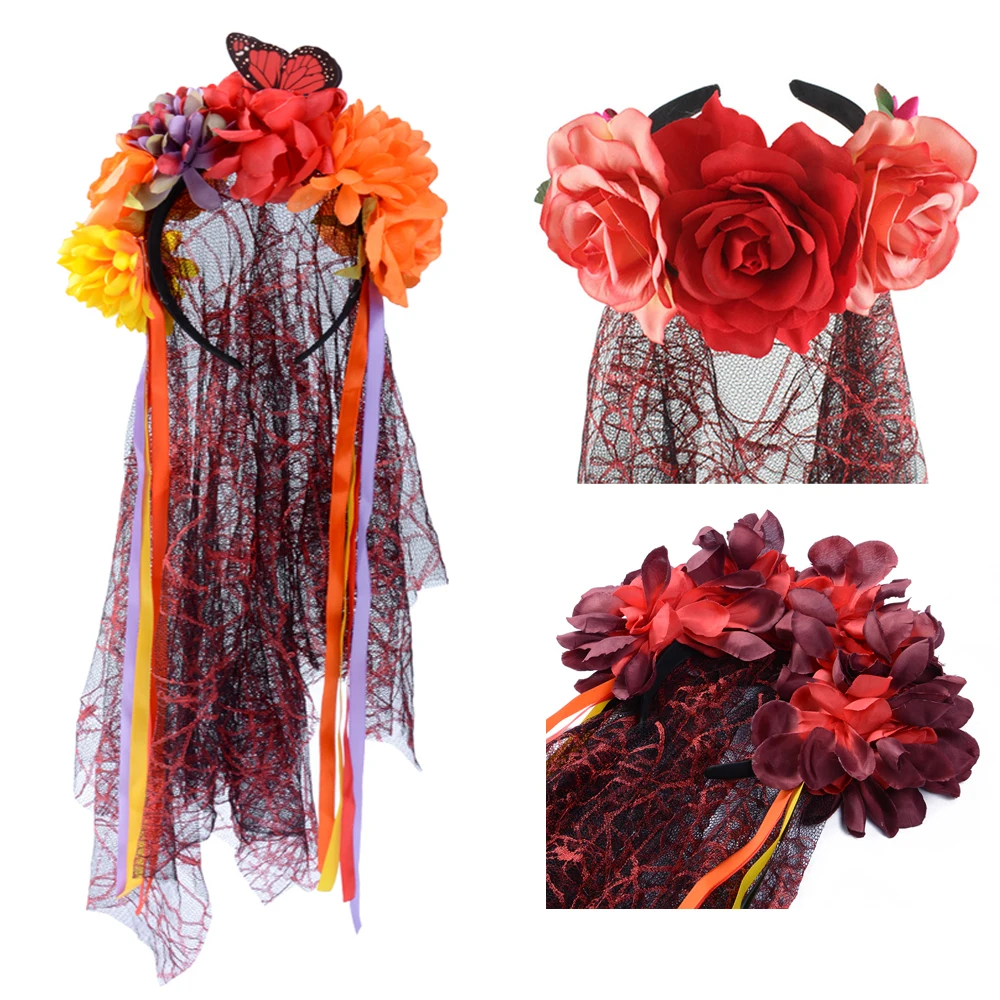 День мертвых вуаль тело розы для невесты Мексиканская необычная, роза, Цветок Кружева повязка на голову на Хэллоуин фестиваль сетки с повязкой на голову