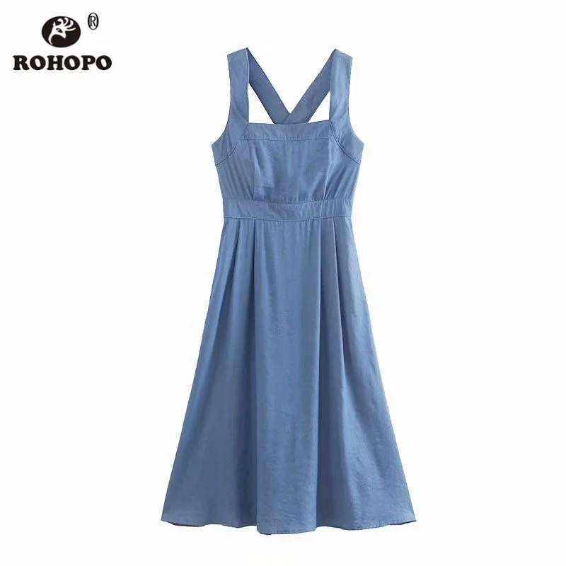 ROHOPO Women Sky Blue Denim Midi Dress Halter Bandage Back Button Fly Ladies High Waist Maxi Multiways Vestido #9206 | Женская одежда
