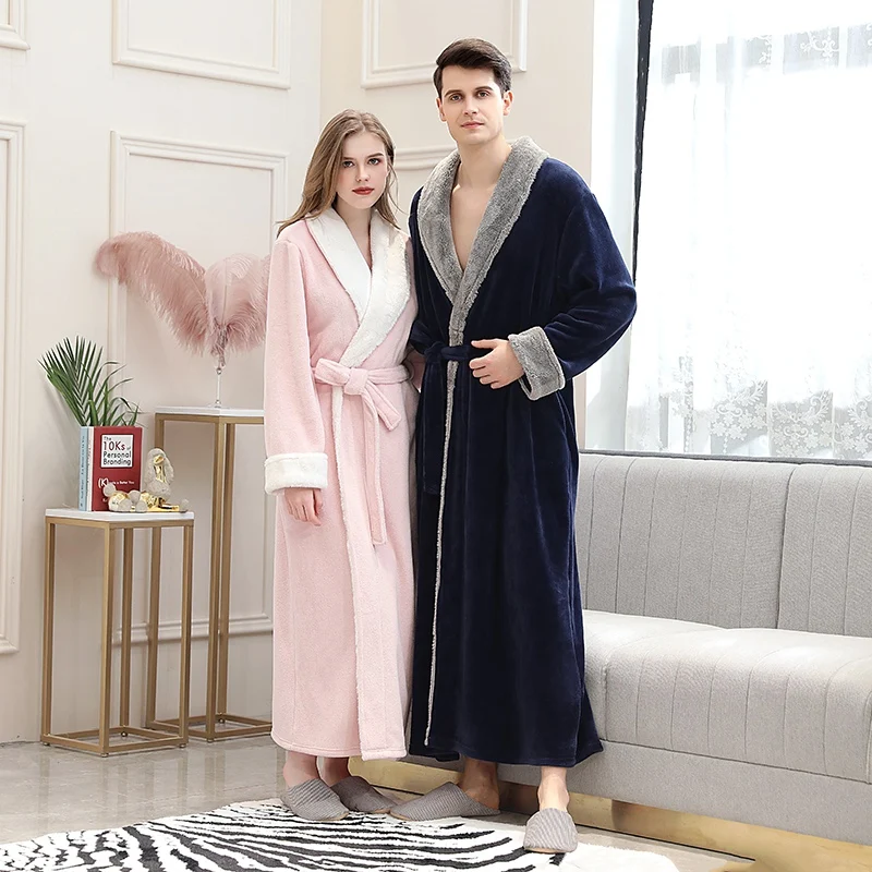 Autumn And Winter Pijama Robe Plus Long Robe Flannel Couple Nightgown Thick Lace-up Solid Color Long Home Robe
