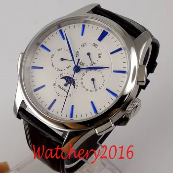 

44mm Parnis white Automatic watch men polished Date Day Moon Phase Blue marks