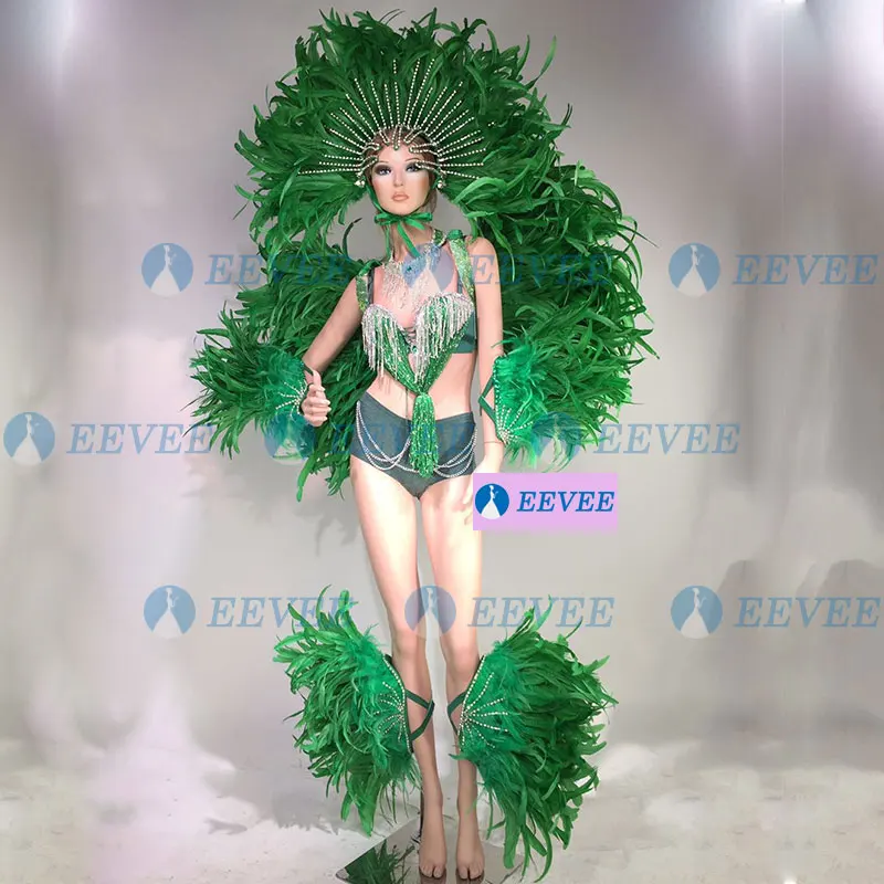 Зеленый Red Feather Opening Dance Costume Set GOGO Dance outfitTeam Passion Samba Stage Performance Costume - Цвет: Зеленый