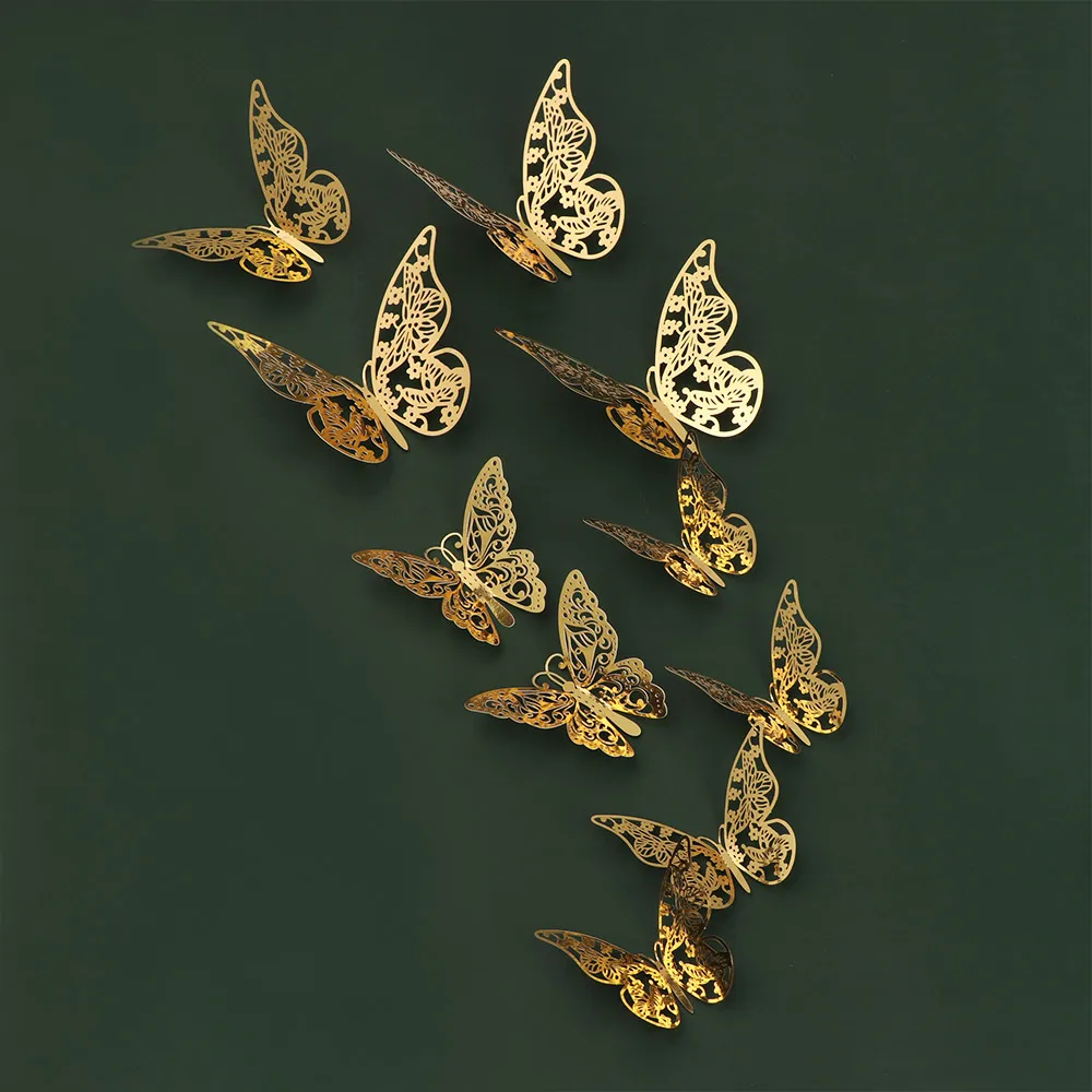 3D Hollow Out Butterfly Stickers Gold/Silver/Rosegold Mirror Decals Metal Texture Wall Art 12Pcs/Pack Wedding Party Supplies