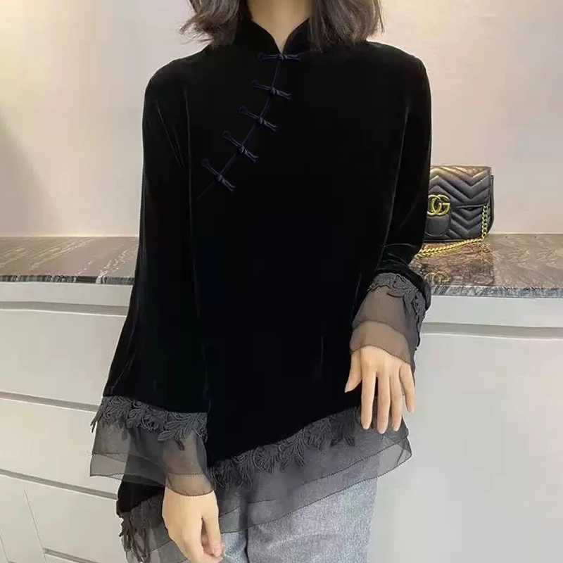 new chinese style traditional top black golden velvet improved cheongsam top lace design women graceful qipao collar blouse