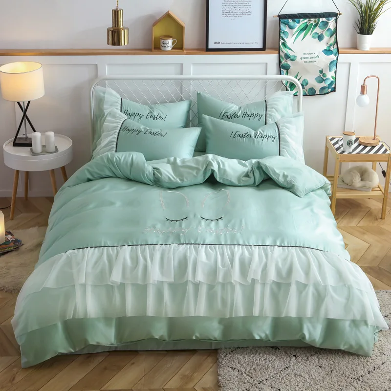 

Bedding Long-staple Cotton 4-piece Pure Cotton Embroidery Lace Bed Sheets Quilt Cover Cute Rabbit Pattern Happy Easter Letters