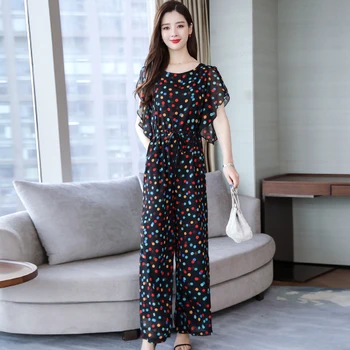 

Oneimirry Short Sleeve Wide Leg Jumpsuit Women Dot Romper 2020 Summer Lady Ruffles Chiffon Female High Waist Trousers Jumpsuits