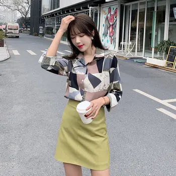 

COIGARSAM Geometric Shirt Womens tops New Full Sleeve Chiffon Turn-down Collar Women shirts Green Blue 2079